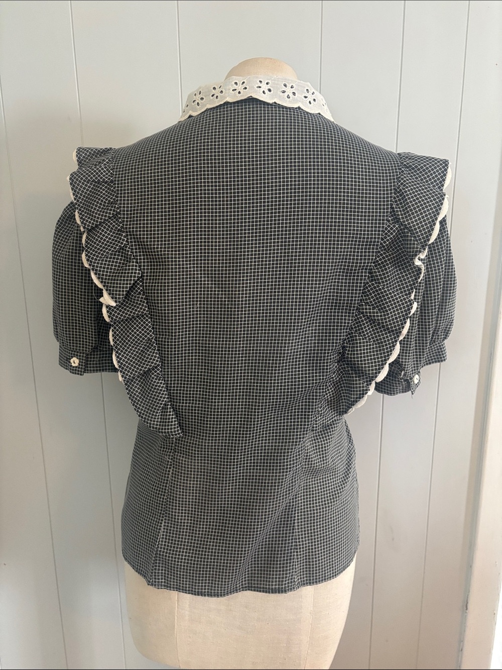 Vintage Soho MFG Medium Black White Check Prairie Ruffle Eyelet Blouse - Picture 5 of 5